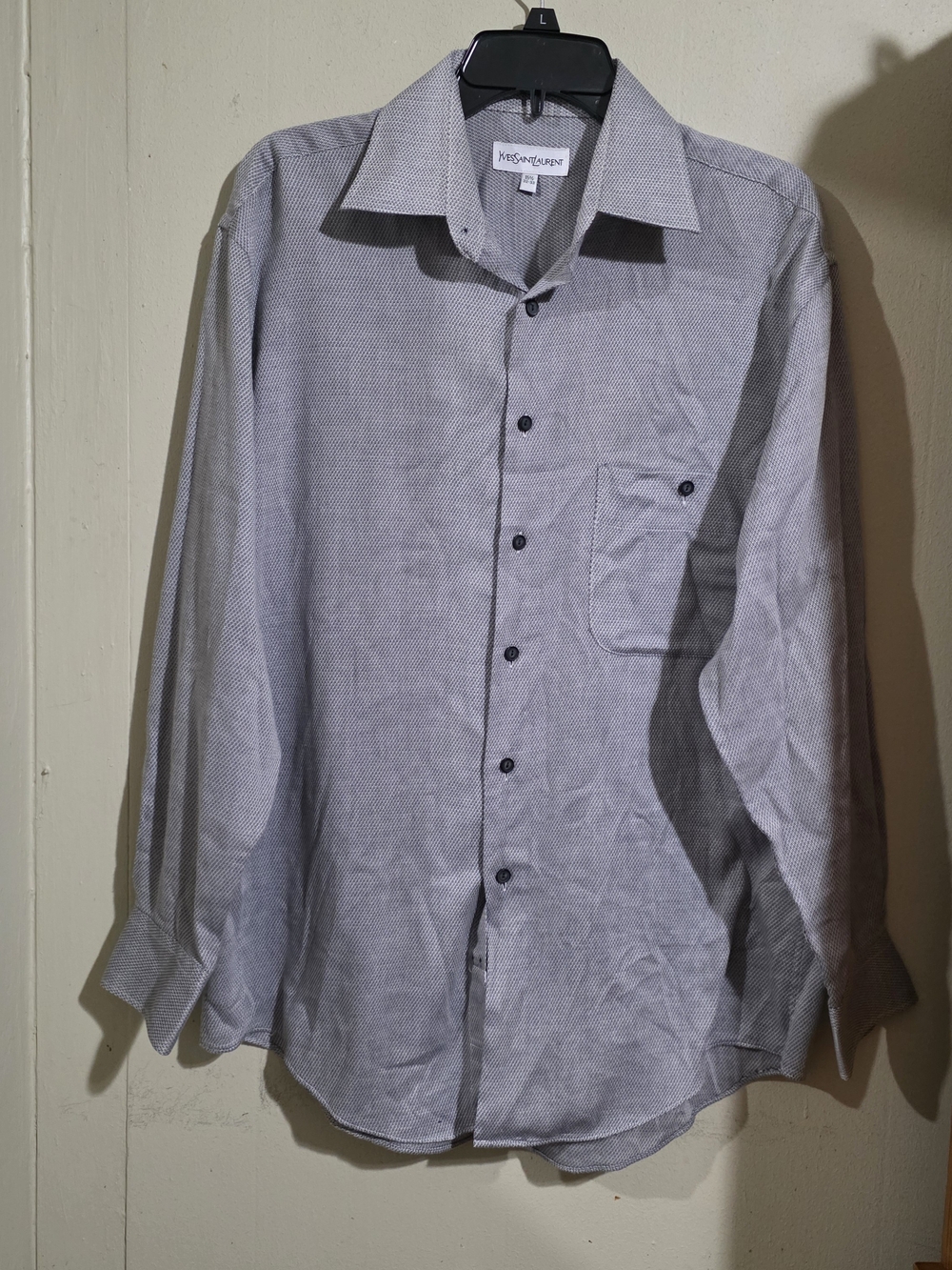 Yves Saint Laurent Men's Light Gray Micro-Pattern Button-Down Shirt Used Sz 15.5